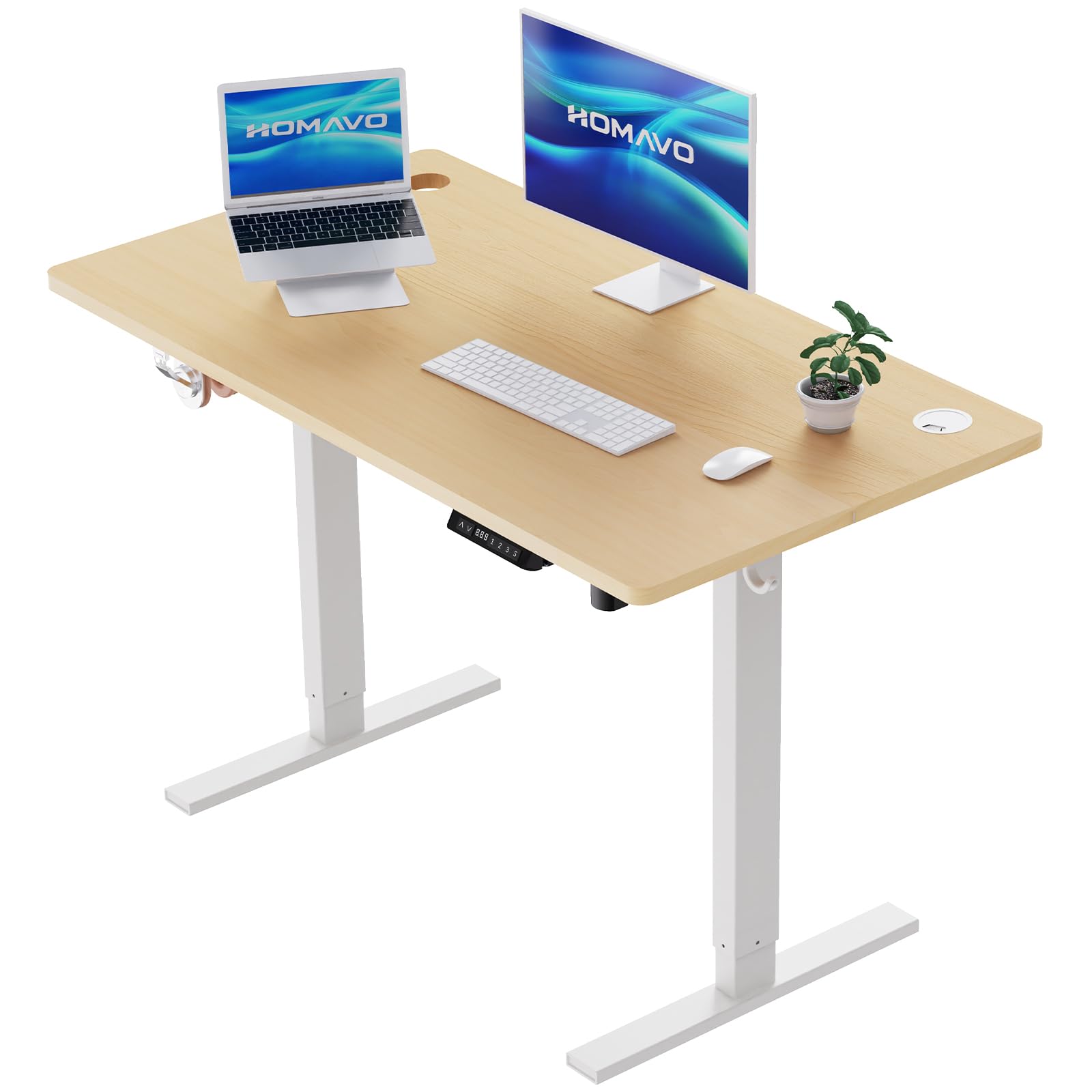 HOMAVO Escritorio Eléctrico De Pie para Sentarse 140x70cm, Escritorio Eléctrico con Memoria y Función Anticolisión, Puertos de Carga Rápida USB-A y Tipo-C, Escritorio Regulable en Altura (70-119CM)