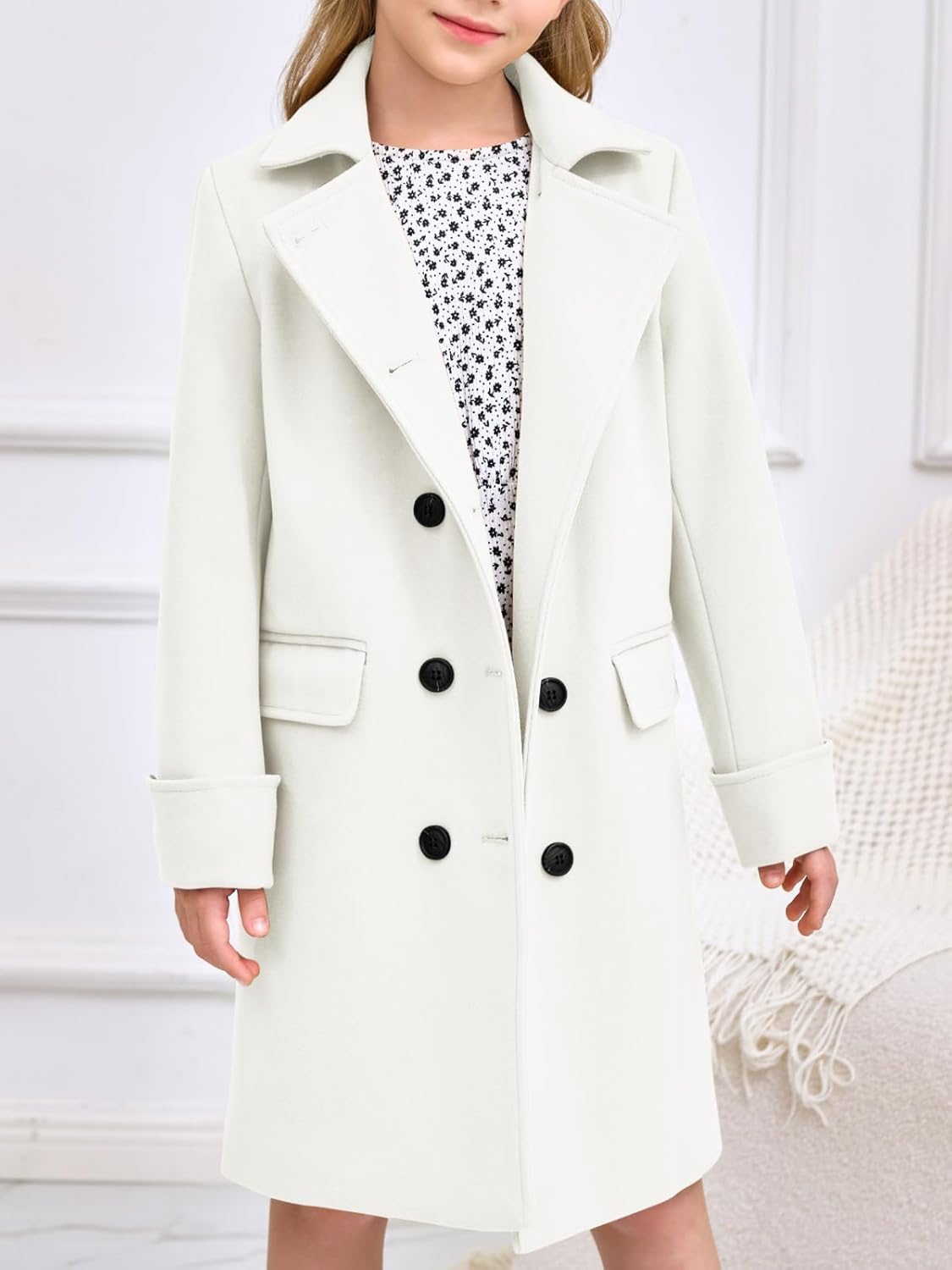 Haloumoning Girls Double Breasted Trench Coat Kids Notch Lapel Long Peacoat with Pockets 5-14 Years - Image 2