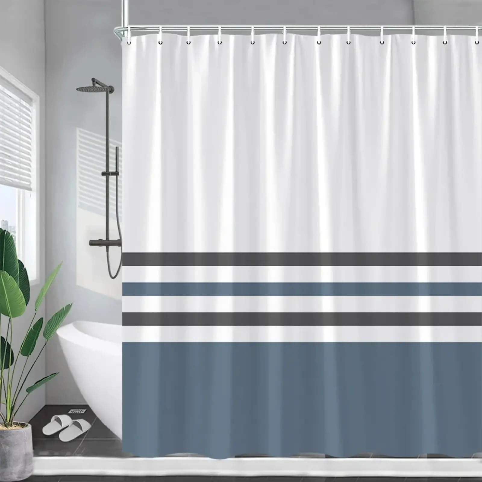 Rideau de bain anti moisissure en polyester imperméable gris et bleu
