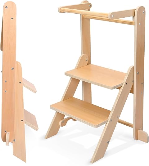 Torre di apprendimento pieghevole, da 1 a 3 anni Torre di osservazione per bambini Montessori Learning Aiuto da cucina in legno naturale (capacità 50 kg)