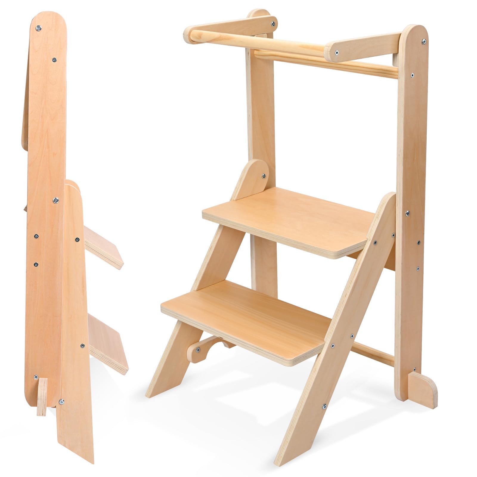 Torre de Aprendizaje Plegable, Torre de observación para niños de 1 a 5 años, Aprendizaje Montessori, ayudante de Cocina de Madera Natural, Segura y fácil de Montar (Capacidad de 50 kg)