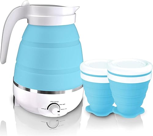 Hervidor eléctrico plegable de 20.3 fl oz, hervidor portátil con 2 tazas plegables de silicona de 850 W, hervidor de agua de viaje pequeño, caldera