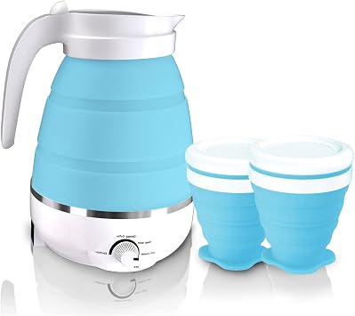 600ML Collapsible Electric Kettle, Portable Kettle with 2 Foldable Cups 850W Silicone Small Travel Kettle Water Boiler Fast Heating Water Kettle Milk Coffee Tea for Outdoor Hiking Camping Blue
