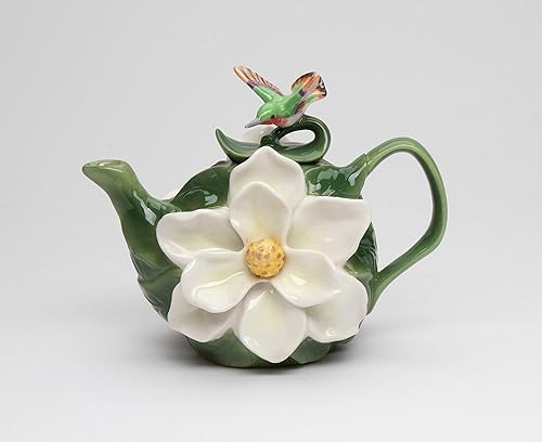 Tetera de colibrí de porcelana fina con flor de magnolia, 6-18" L