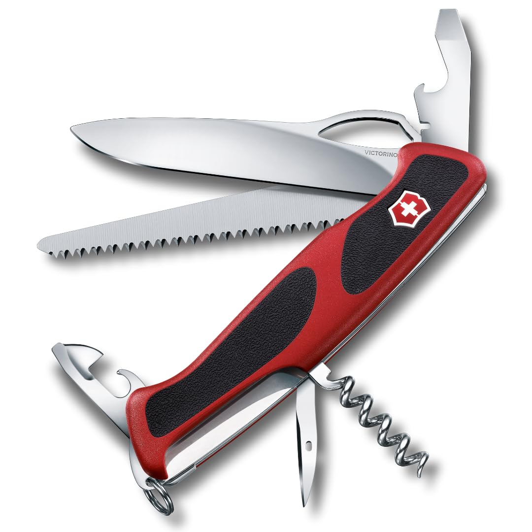 Ranger 79 M Grip Swiss Army Knife, 12 Functions, Swiss Made Pocket Knife with Wood Saw, Large Lock Blade and Toothpick - Red/Black