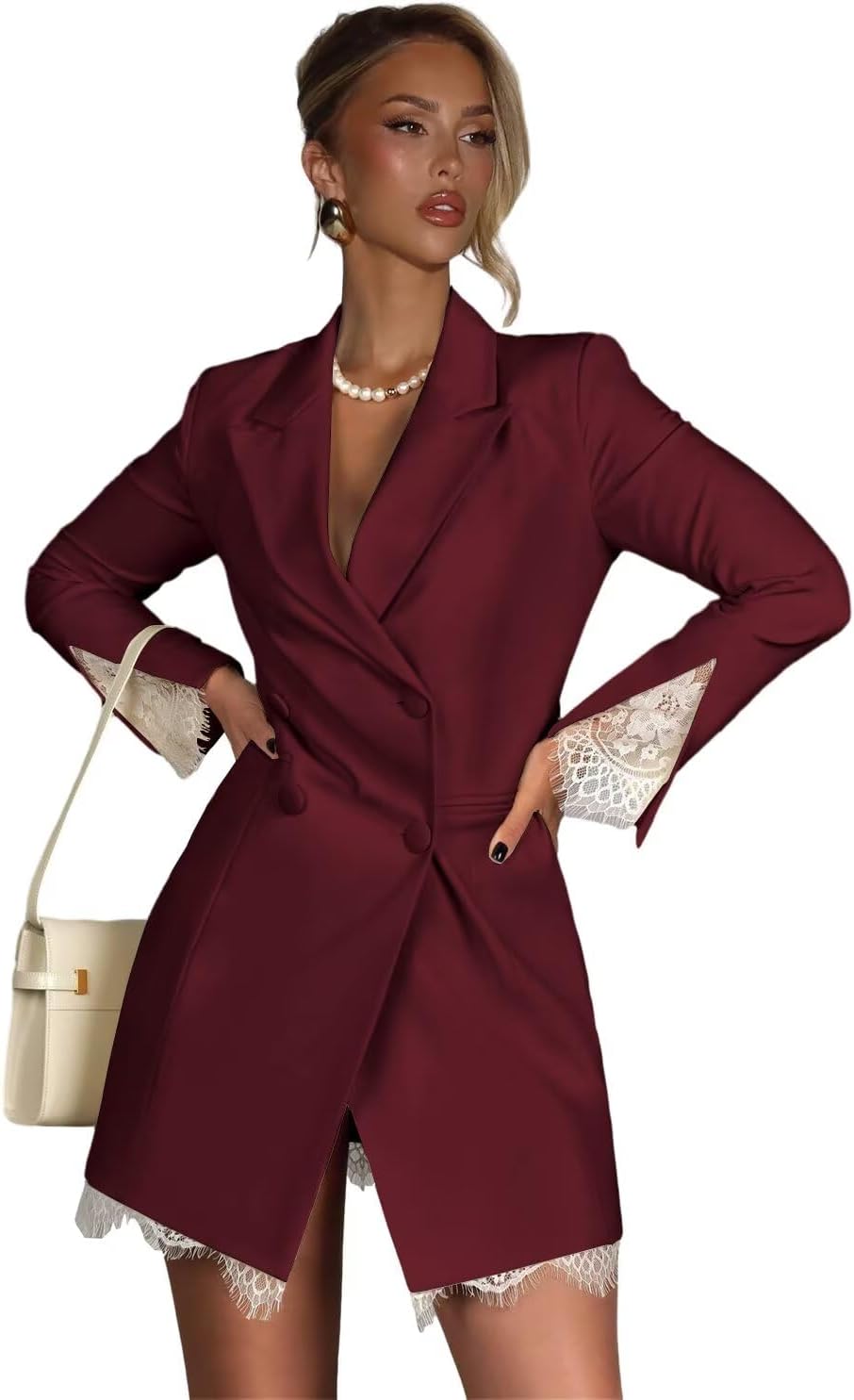 Satin Bridesmaid Blazers for Women Sexy Lace Blazer Dress Double Breasted Long Sleeve Jacket Dresses Work Office