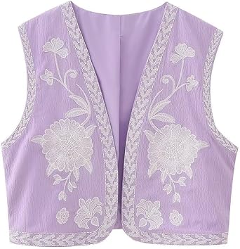 Floral Embroidered Vest Women Y2K Vintage Sleeveless Jacket Waistcoat Summer Boho Outerwear Cottagecore Aesthetic Purple,Medium