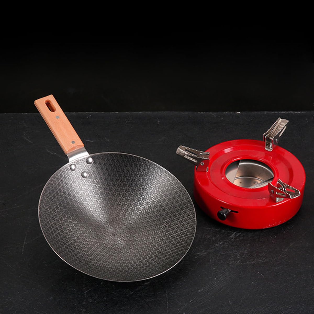 INOOMP Wok da Cucina Piccolo Stile Giapponese Fondo Tondo Ferro | Manico in Legno, Adatto All’uso Esterno, Stabile e Facile da Pulire, Linee Semplici e Forma Rotonda