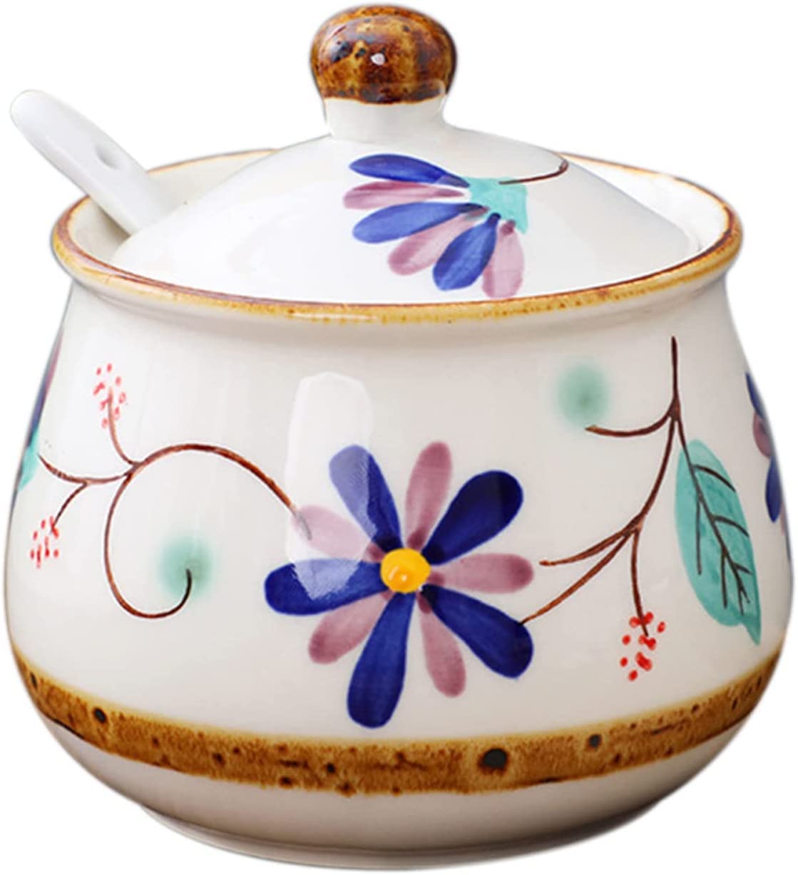 Veil,Bride costume,Bridal veil,Bridal veils, Nordic Retro Sugar Bowl with Lid, Hand Drawn Pattern Storage Jar, Porcelain Sugar Pot, Spice Jar, for Coffee Bar, Restaurant-blue-500ml/17.6oz ( Color : Bl