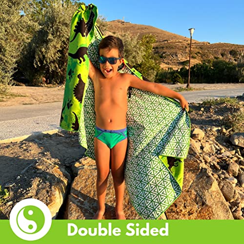 Eccosophy Microfiber Kids Beach Towels & Pouch 60"X30" Bath Towels For Toddlers - Girls & Boys - Quick Dry Pool Towels - Sand Free Beach Blanket For Travel Camping Vacation -Oallas Playas (Dinosaur) #TOP3