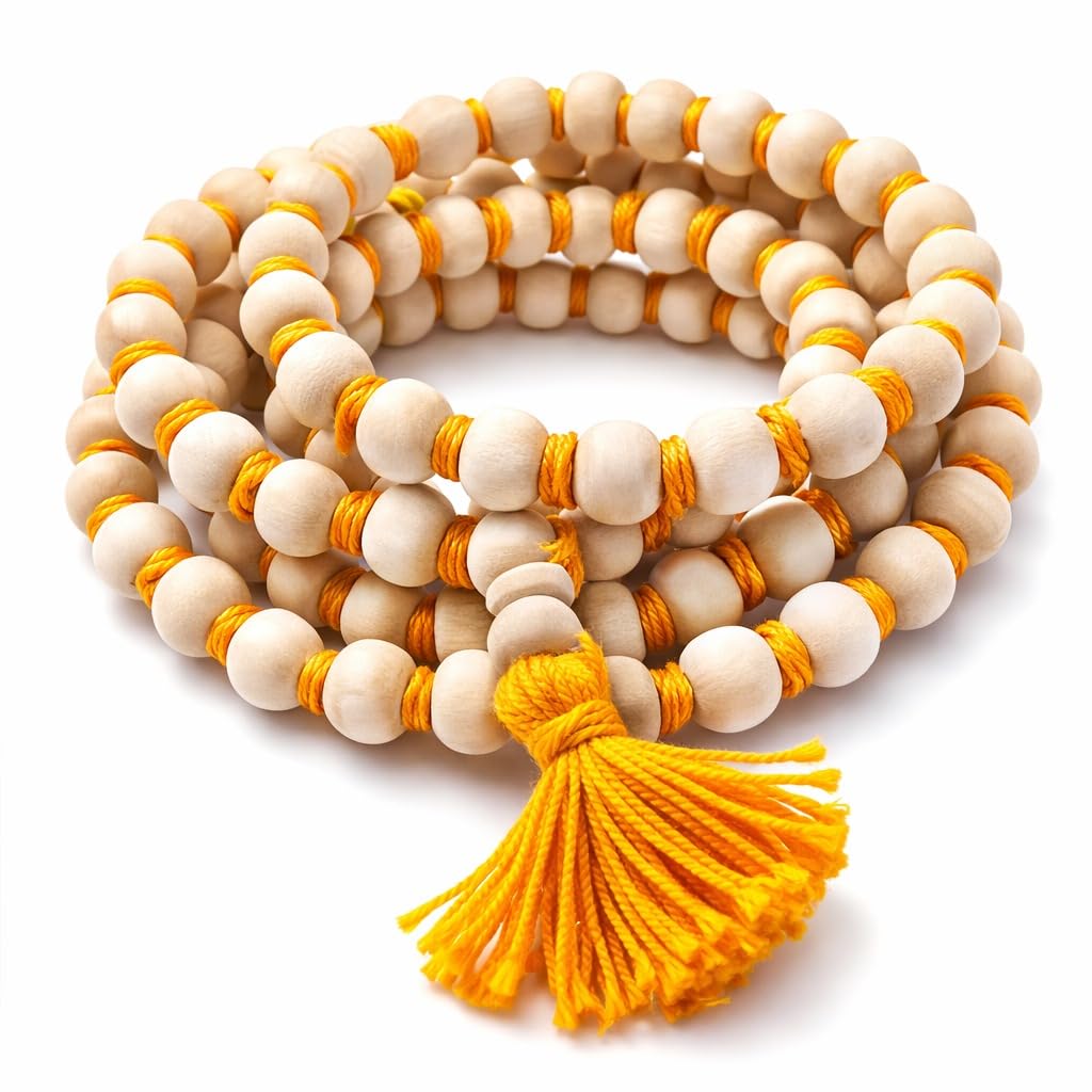108 Beads Wooden Tulsi Japa Mala with Saffron Tassel, Prayer Beads for Pooja, Meditation and Mantra Chanting-image-39