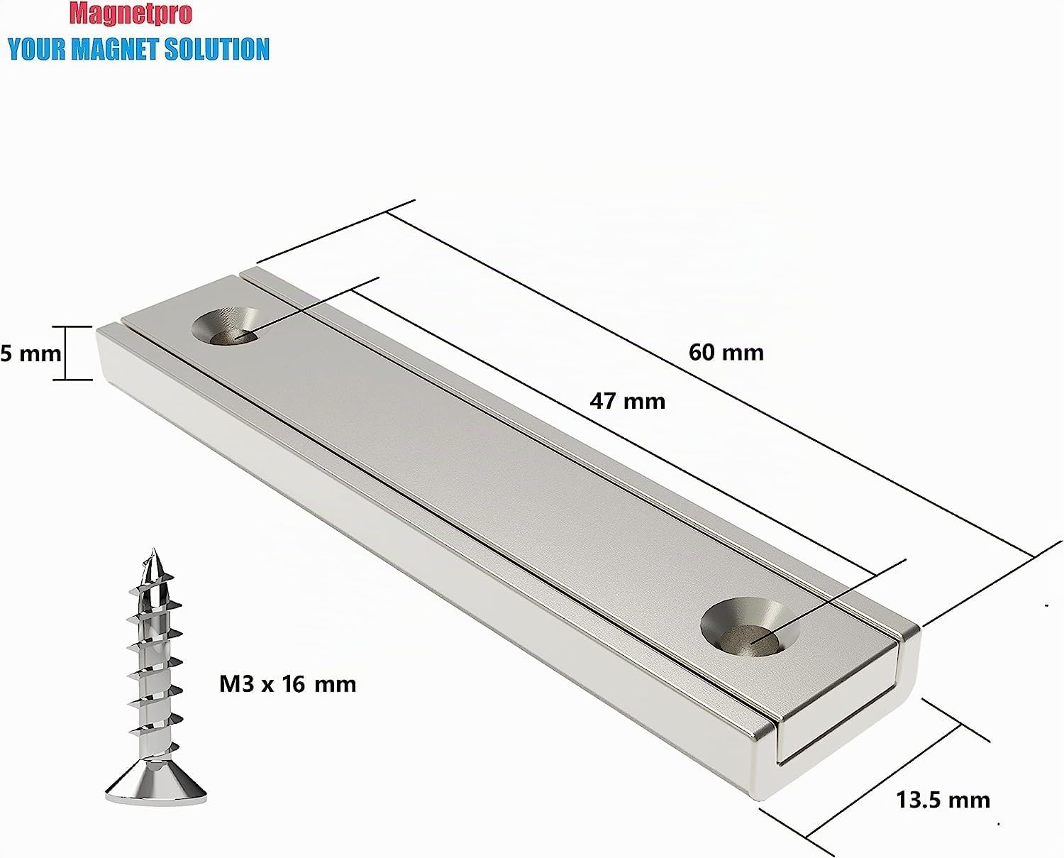 Magnetpro 2 aimants rectangulaires de 30 kg, force 60 x 13,5 x 5 mm, avec trou et capsule en acier, pour usage domestique et industriel avec vis