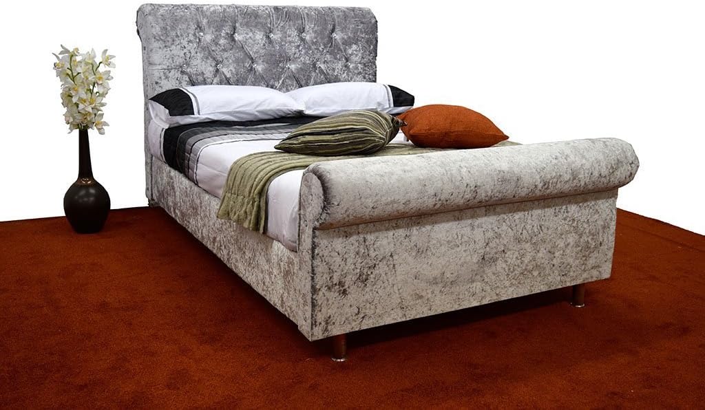 Lazybeds ROMANY KINGSIZE SLEIGH STYLE CRUSHED VELVET DIAMANTE BED FRAME IN SILVER, BLACK & CHAMPAGNE
