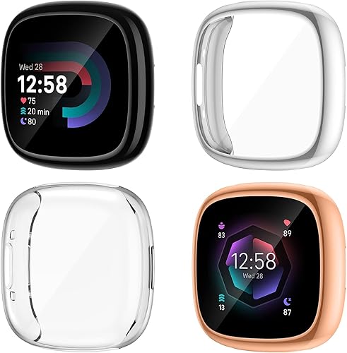 NANW - Juego de 4 protectores de pantalla y fundas compatibles con Fitbit Sense 2Versa 4, carcasas protectoras de TPU suave con parachoques de
