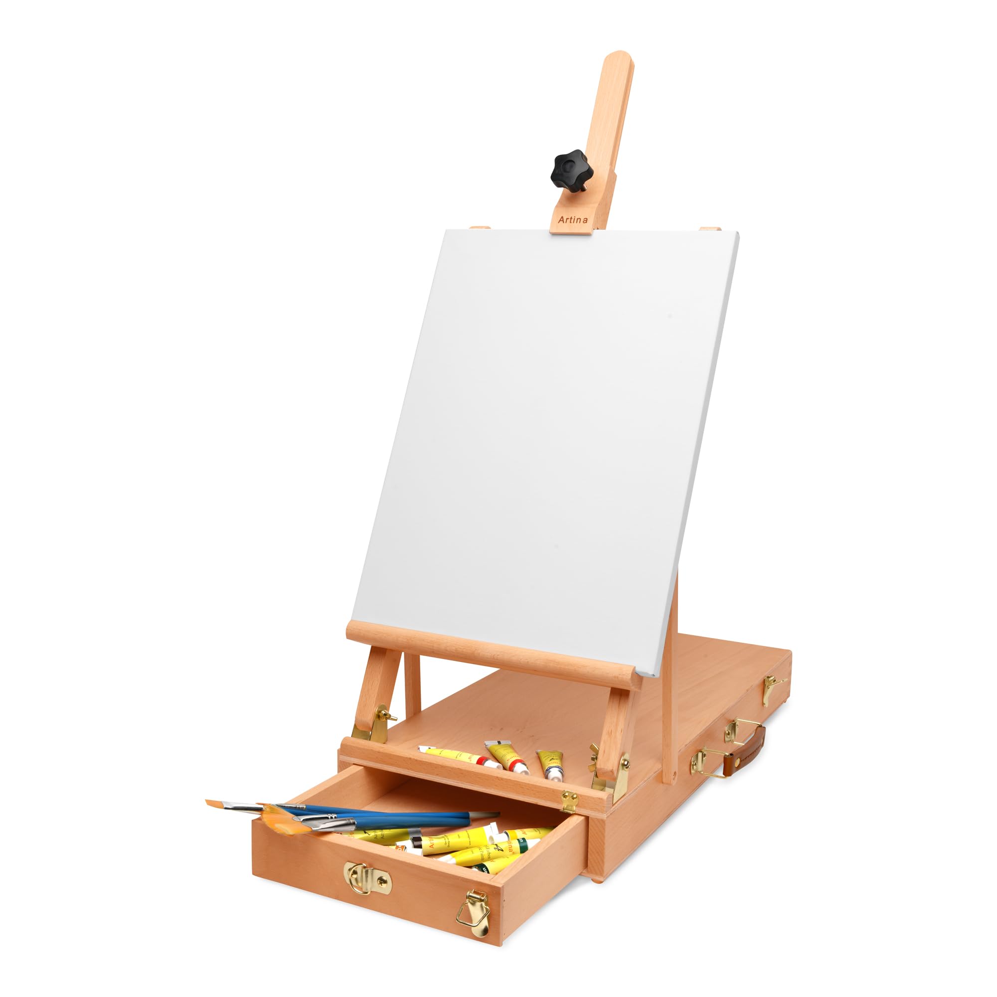 Artina 30pc Set Pittura Acrilica Santorini & Cavalletto Le Mans – Set Artisti con Telai, 12 Colori Acrilici Pennelli Tavolozza per Pittura Cavalletto Tavolo in Legno Faggio Cassetto Utensili Pittura