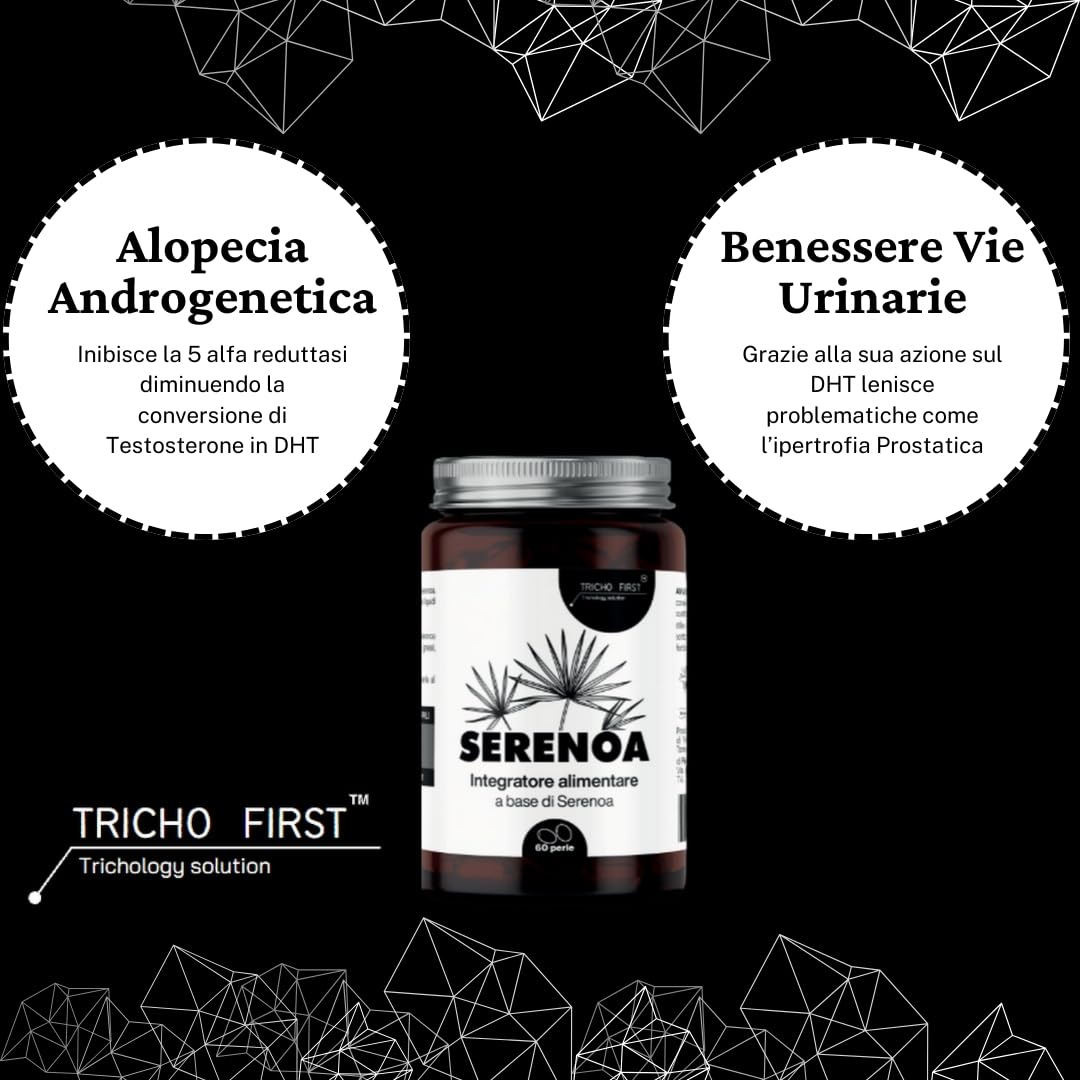 Serenoa Repens Massima Dose 320 mg TRICHO FIRST- 90-95%, Integratore contro l'Ingrossamento della Prostata e la Caduta dei Capelli, a Base di Serenoa Repens - Formato da 60 Perle - Andi DHT