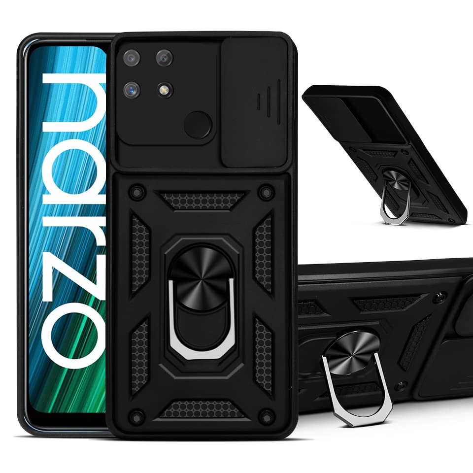 Jkobi Back Cover Case for Realme Narzo 50A (Tough Hybrid Armor | Ring Holder & Kickstand in-Built | Sliding Shutter Camera Protection | 360 Degree Protection | Carbon Black)