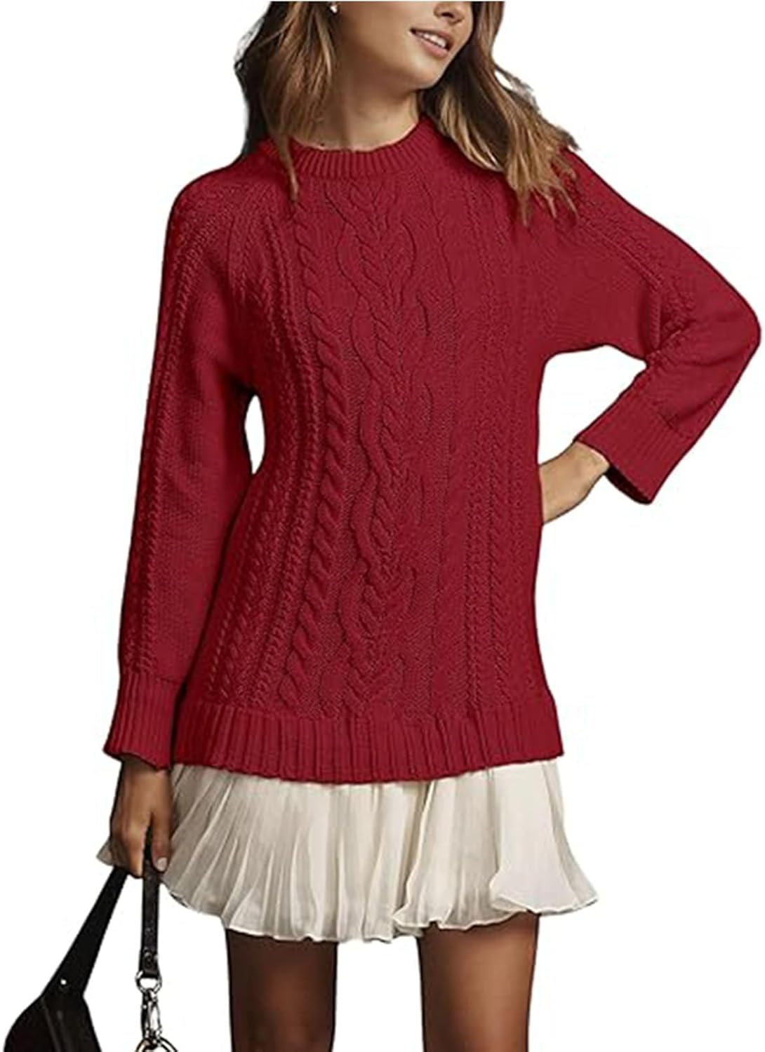 Women Cable Knit Sweater Dress Crewneck, Causal Crew Neck Long Sleeve Patchwork Pullovers Mini Dresses