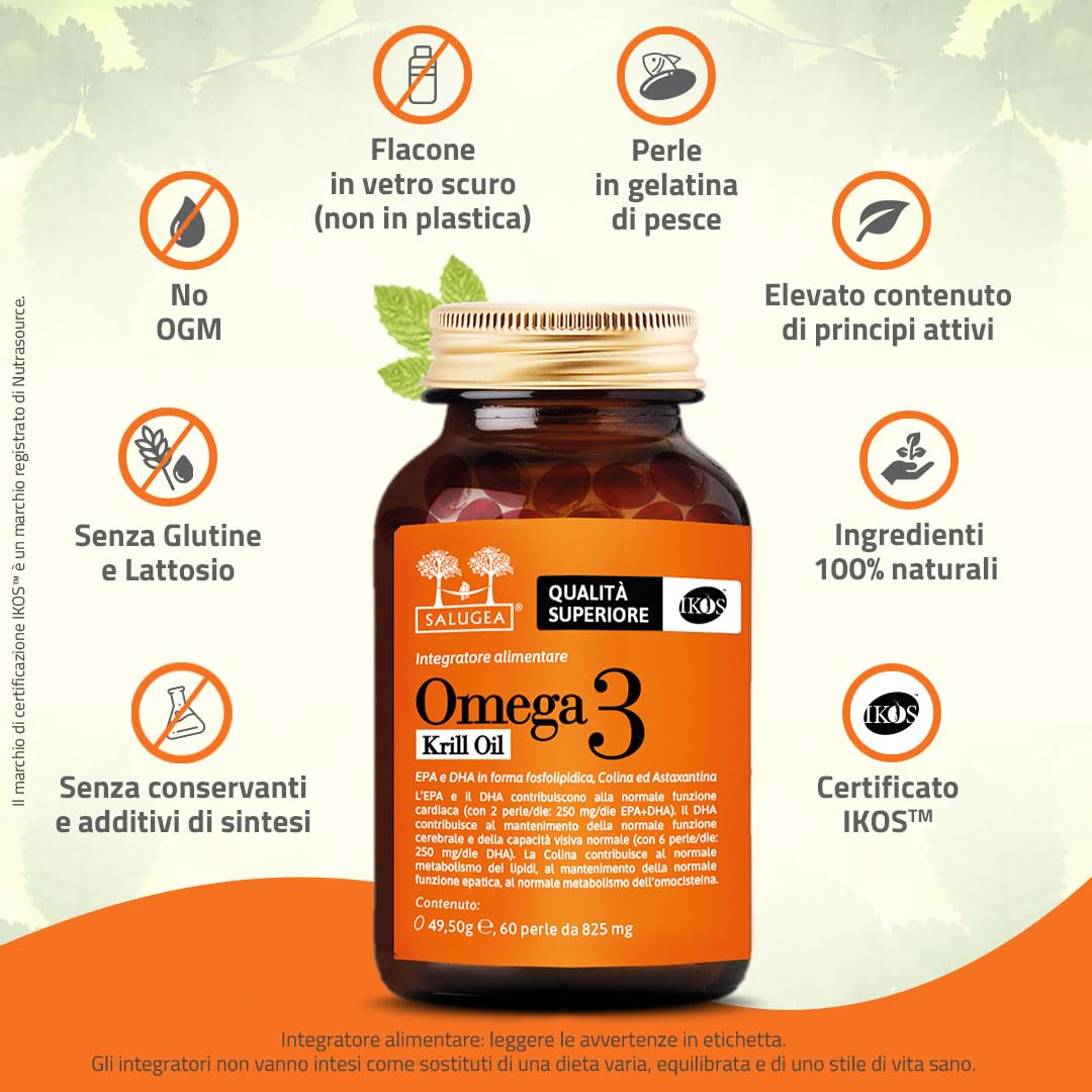 OMEGA 3 KRILL OIL Sangea – 100% naturelle à base d'huile de Krill Antarctique avec Coline et Astaxantine – EPA et DHA hautement assimilables – 60 perles – Flacon en verre foncé pharmaceutique