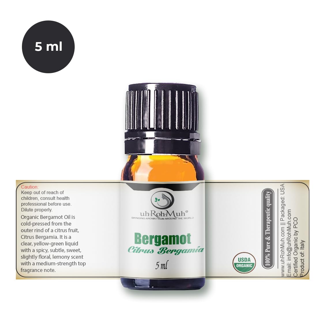 Organic Bergamot Essential Oil | Cold Pressed Citrus Bergamia Peel Oil, Fresh Citrus Aroma Top Note Essential Oil for Aromatherapy, Skincare, Haircare and DIY Cosmetic Blends | Italy - 5ml