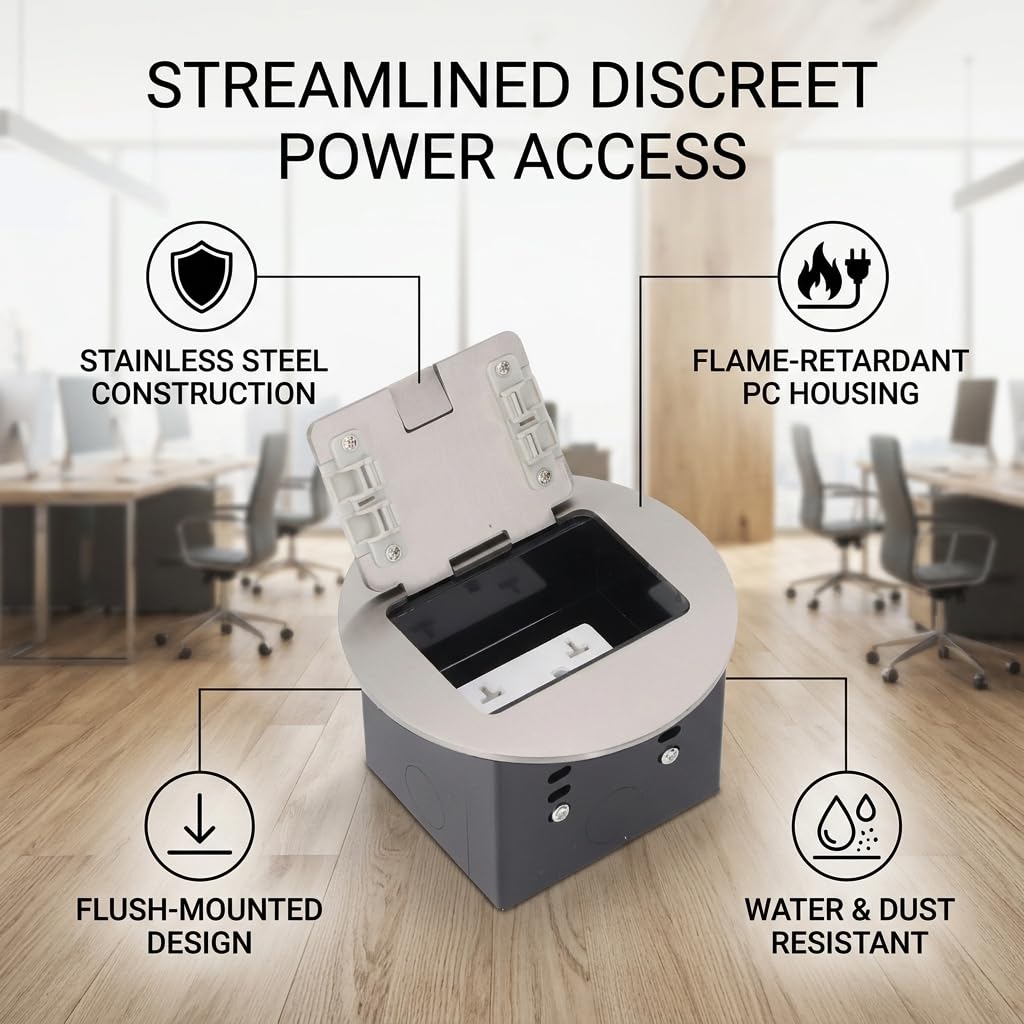 Stainless Steel Construction, Recessed Floor Outlet 20A 2500W 2 Sockets Round Floor Receptacle for Office Hotel School, Embedded Installation