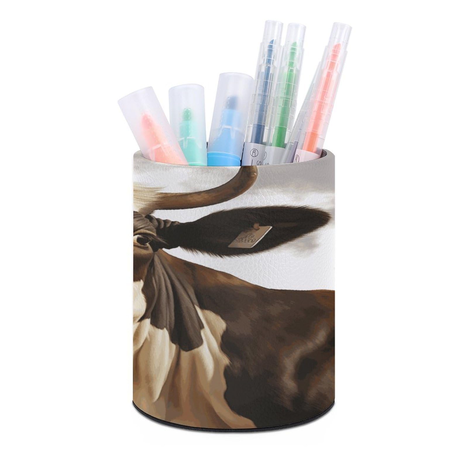 JTREHY Farm Animal Cow Pen Holder Round Pen Pencil Holder Makeup Brush Holder Cup PU Leather Pencil Cup Desktop Caddy Stationery Organizer Case Office Accessories Container Box