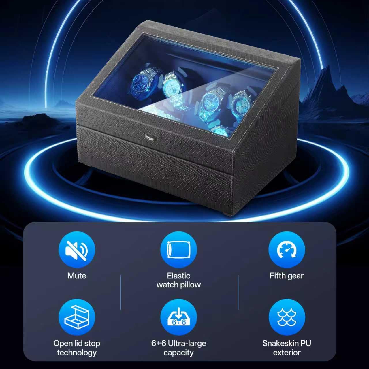 Isili Watch Winder für Automatikuhren, Luxus-Uhrenbeweger mit LED-Beleuchtung, 6er Uhrenbeweger + 6 Staufächer mit leisen Motoren, Geschenk für Vatertag (PU-Schlangenleder)