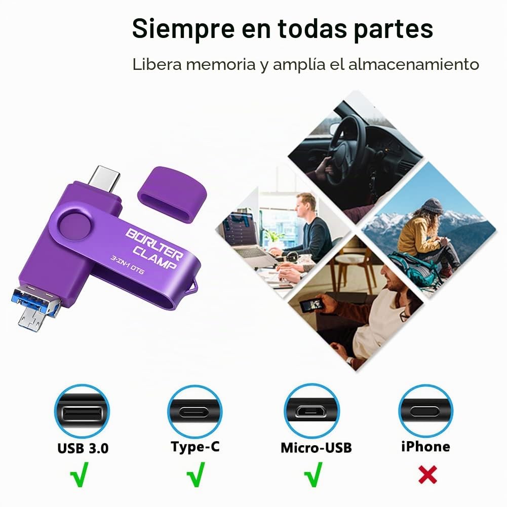 Memoria USB 3.0 de 256 GB Unidad Flash 3 en 1 para Teléfonos Android, BorlterClamp Pendrive OTG Memory Stick con 3 Puertos (USB C/microUSB/USB 3.0) para Samsung Galaxy, PC y Más (Púrpura)