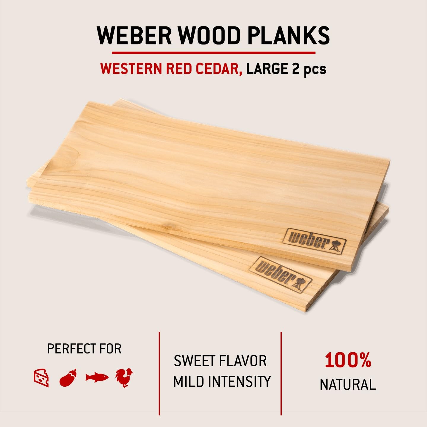 Weber Tablas de Cedro Rojo del Pacífico para ahumar, Grandes (40 x 15cm), Paquete de 2, Aroma Dulce y Suave, Ideal para Queso, Verduras, Pescado y Aves de Corral, Hechas de Maderas Naturales (17831)