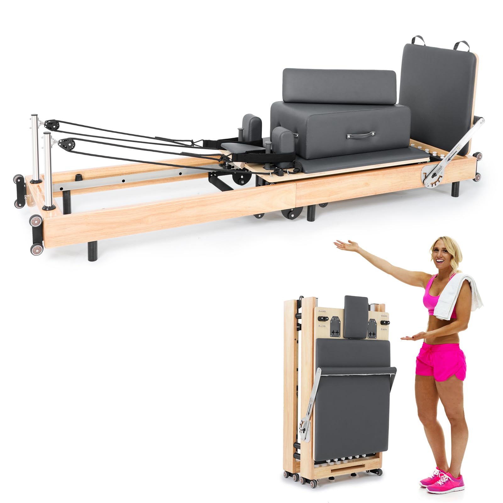 Foldable Oak Wood Pilates Reformer Machine for Home and Studio Training