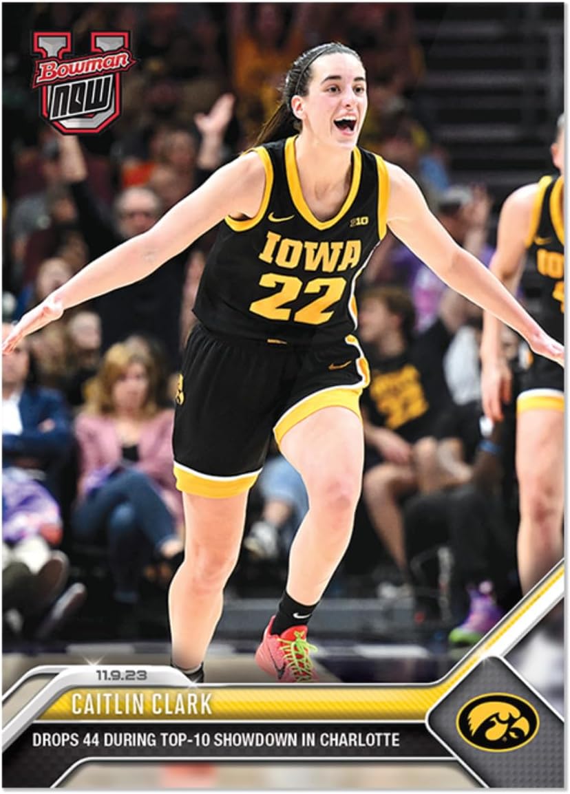 2023 Bowman U Now Caitlin Clark #2 -Drops 44 During Top-10 Showdown in Charlotte - 11/9/23 - NCAA Women’s Basketball Trading Card- University of Iowa Lady Hawkeyes. Topps stated Print Run of Only 2820 Made! MS Sports Card Shipped in Protective Screwdown Holder.