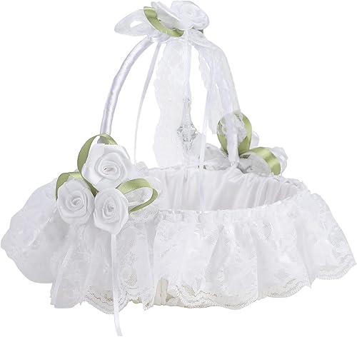 Cestas de flores de marfil para bodas, cesta de niña de flores decorada con encaje, flores de satén y cristal artificial, cestas de boda grandes