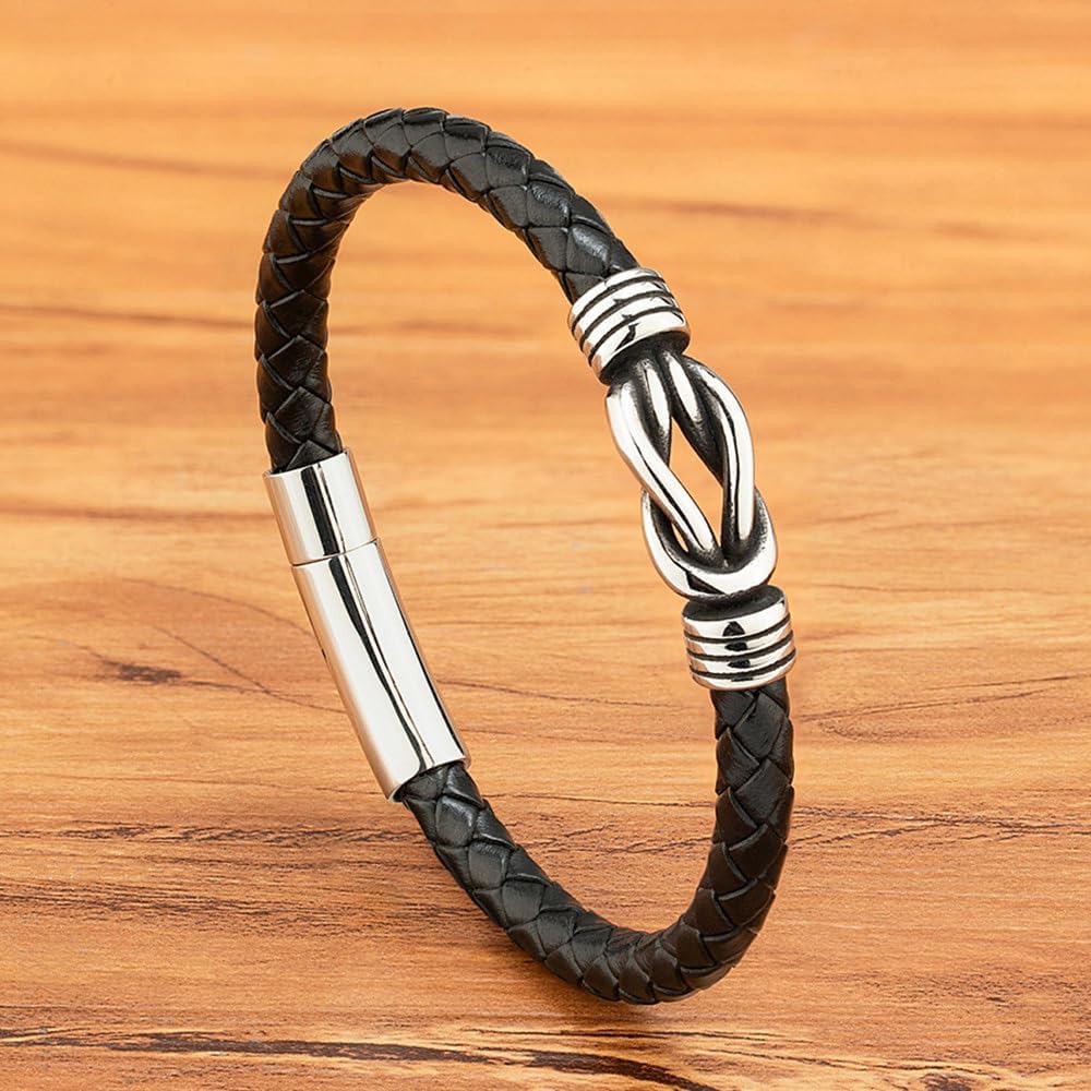 Udefw Infinity Bracelet for Men & Women,，Men's Braided Leather Bracelet - Vintage Silver Twist Knot Design, Stainless Steel Clasp Wristband for Daily Wear & Gifting