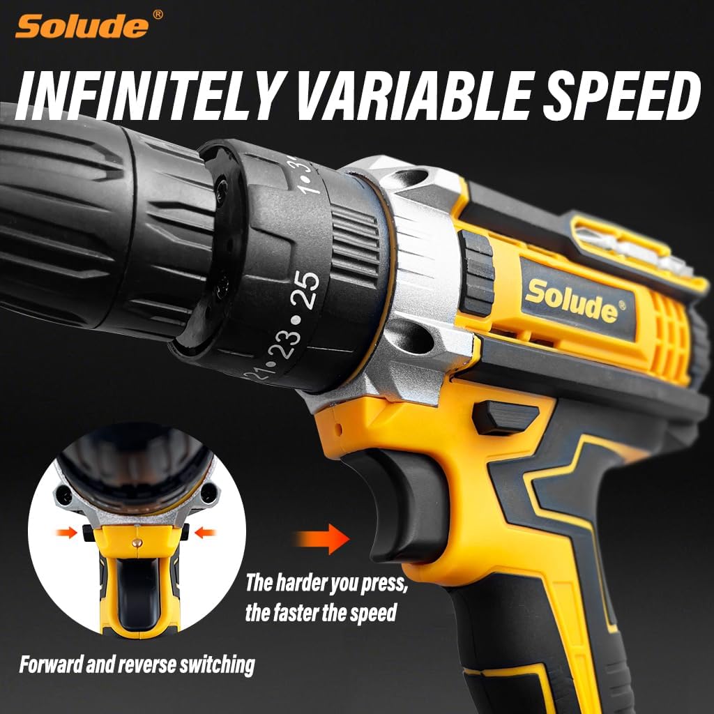 SOLUDE Cordless Drill,12V Power Drill Set with 2 Pack 3.0AH Li-ion Battery, 3/8” Keyless Chuck, 2 Variable Speed,25+1 Position and 23pcs Drill/Driver Bits