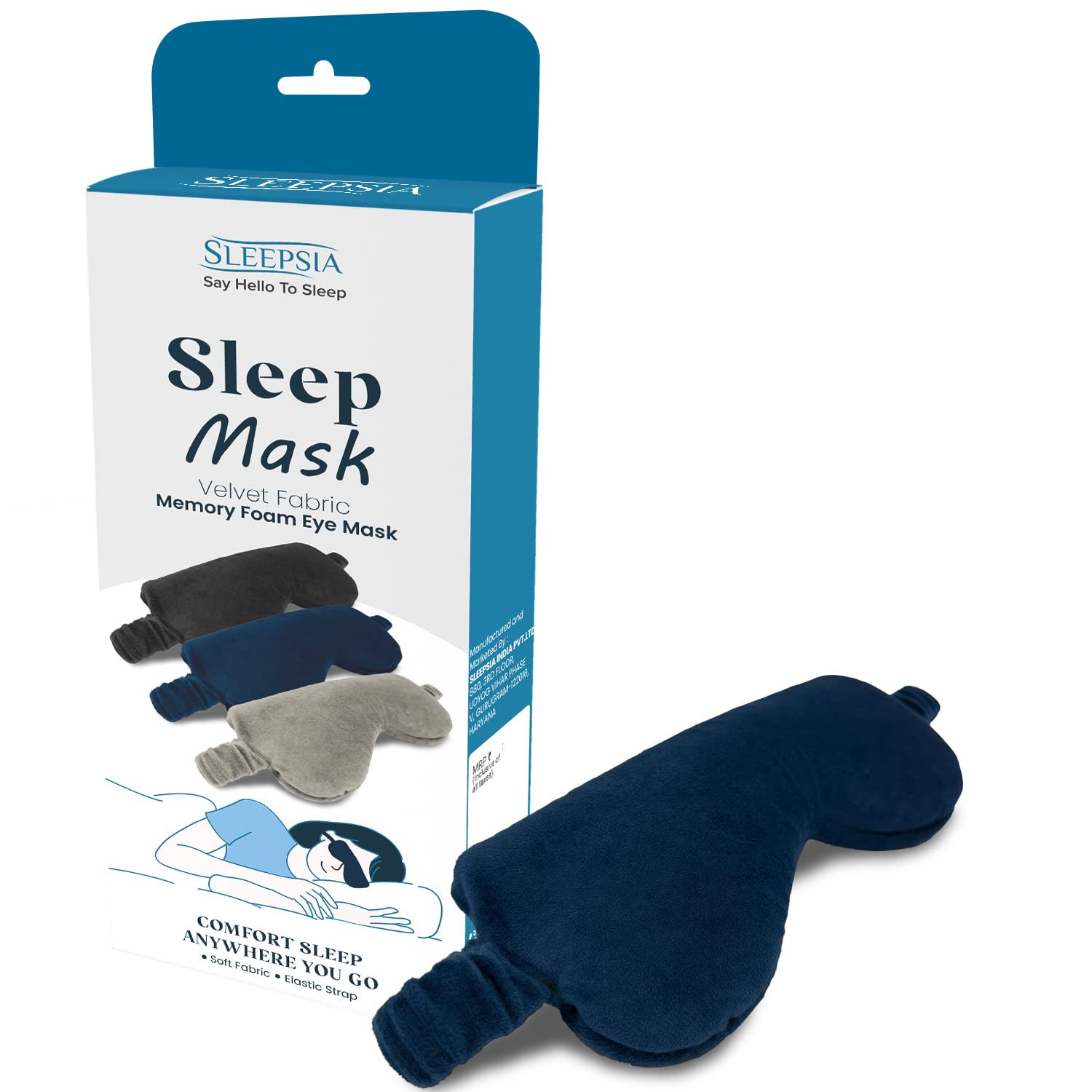 Sleepsia Velvet Memory Foam Sleeping Eye Mask, Soft Home Night Stretchable Sleeping Mask, Deep Sleep Blindfold Safe Unisex Smooth Adaptable Relaxing Light Blocker, Travelling Mask (Blue Pack of 1)