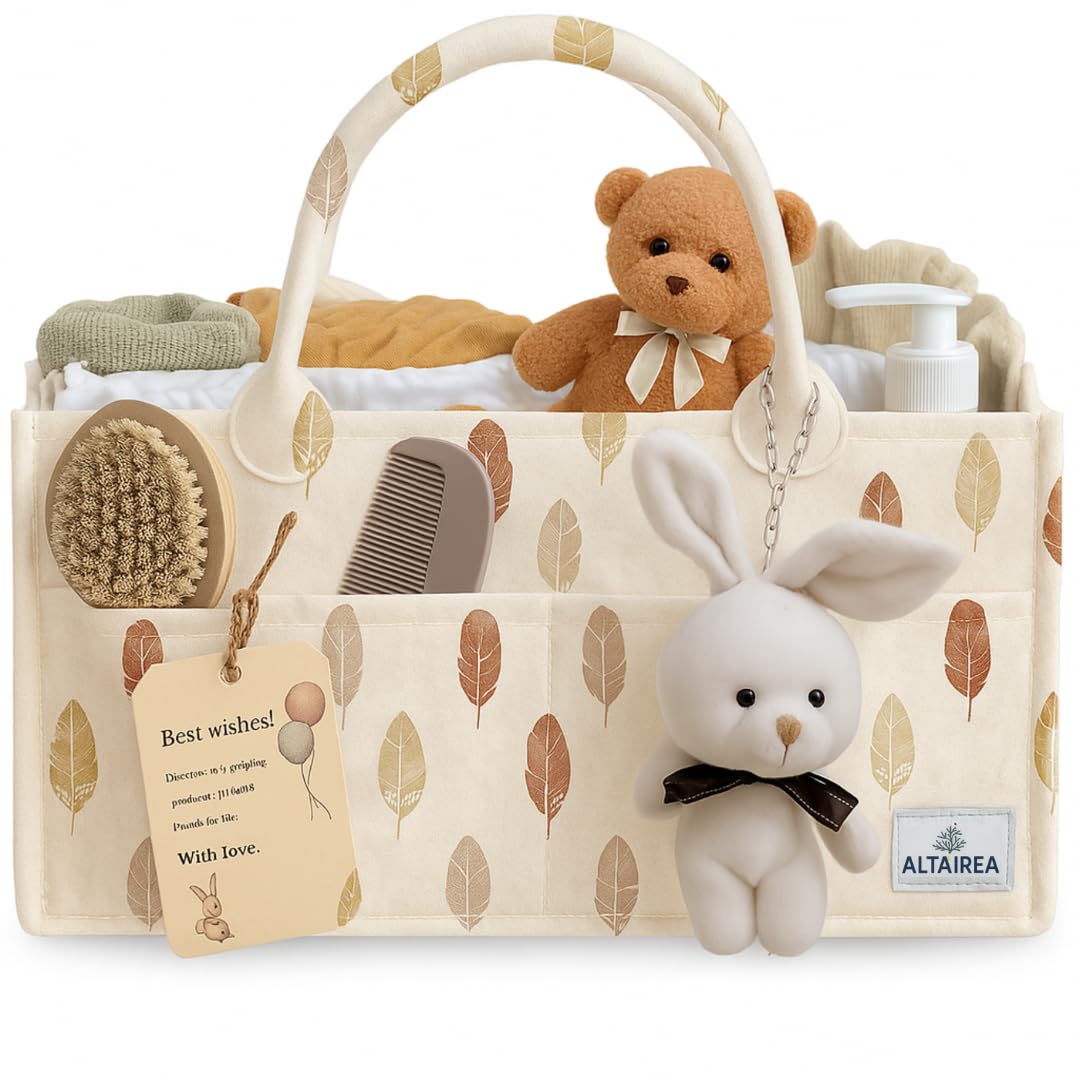 Baby Diaper Caddy Organizer with Plush Toy – Portable Felt Storage Caddy for Nursery, Car, and Changing Table – Baby Organizer Basket, Diaper