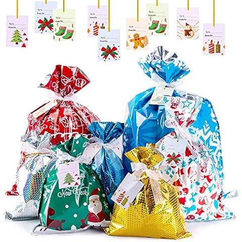 Evance 35pcs Bags, Xmas Gift Assorted Wrapping Goodies Bags with Ribbon Ties and 36pcs Tags, Candy Bag for Christmas Party Supplies (Ribbons Style) Cover