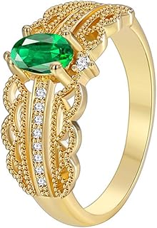 Anillos de Compromiso Mujer Oro Amarillo 9K/14K/18K,Oval con Esmeralda Creada y Moissanita Anillos Oro Alianzas