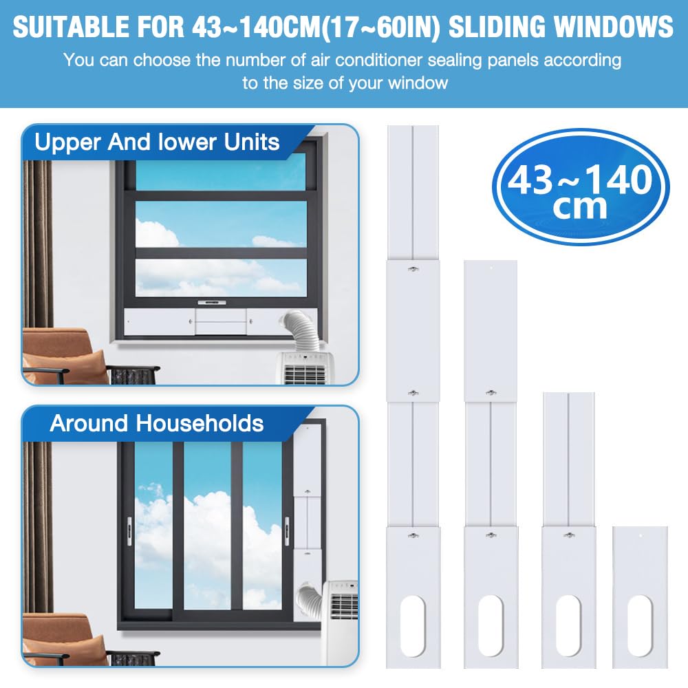 Kit Ventana Aire Acondicionado Portatil, HOVCEH 4 Piezas Kit de Ventilación de Ventanas de Aire Acondicionado 16 x 43-140 cm con Tubo de Desagüe de 13/15 cm, Kit aire Acondicionado Ventana