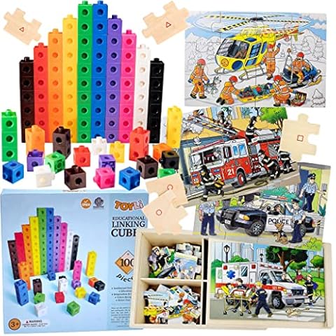 TOYLI Linking Cubes 100 Pcs Set and 4-in-1 Emergency Vehicle Jigsaw Wooden 48 Pcs Puzzle Building Bundle Cover