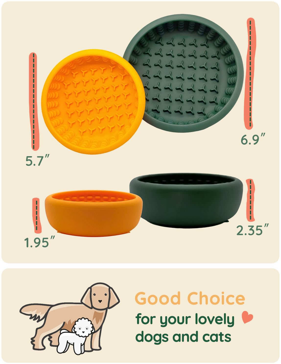 Slow Feeder Hundenäpfe aus Silikon, mit Saugnäpfen für Welpen, klein, orange und mittel-dunkelgrün, 2 Stück