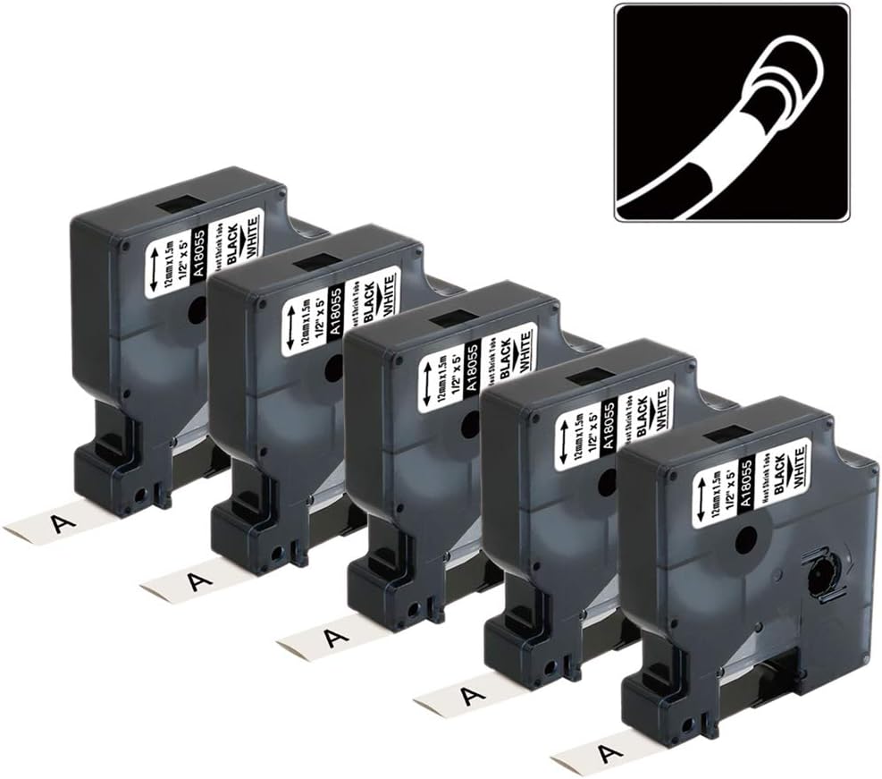 Replacement for Dymo 18055 a18055 Rhino Heat Shrink Tube Labels, 1/2 Industrial Black on White Label Tape, Work with DYMO Rhino 4200, 5200, 5000 Label Makers, 1/2" x 4.9'(12mm x 1.5m), 5-Pack