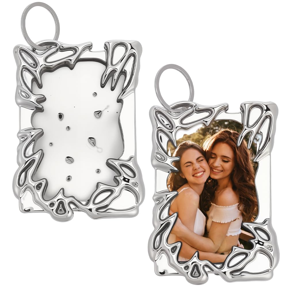 FINGERINSPIRE 2Pcs Plastics Frame Photocard Holder with Metal Keychain 111x81x12mm Silver Plating Card Holder Keychain Irregular ID Badge Holder Photo Display Holder for Photocard Display