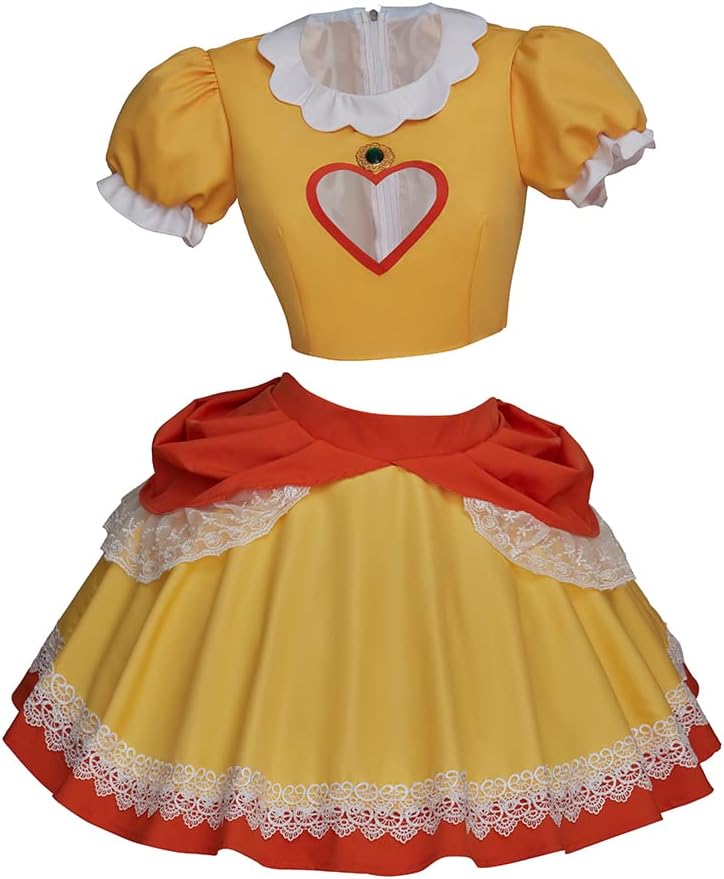 Willyacos Princess Daisy Costume Adult Short Dress Sexy Yellow Daisy Cosplay Crop Top Skirt for Women Teen