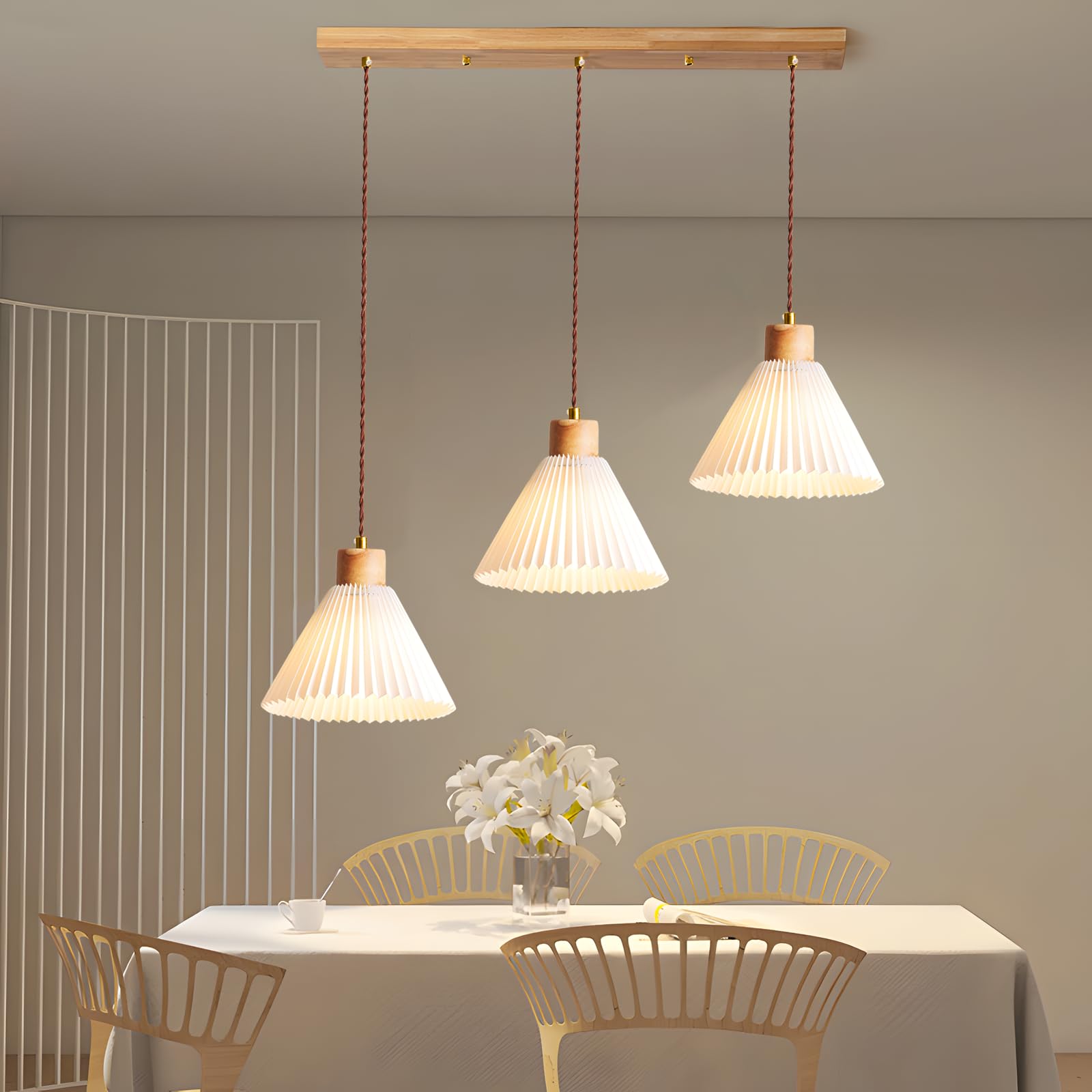 Lampara Techo Colgante, Lampara Techo Madera Con Pantalla de Tela,3 Luces Lamparas Colgantes de techo E27 para Cocina,Sala,Comedor,Dormitorio
