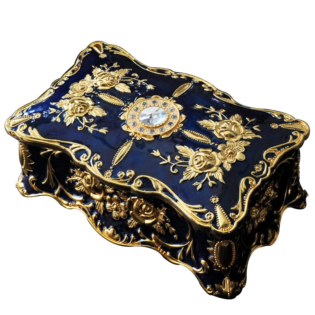 OIFAODAO Vintage wooden jewelry box, Vintage Rectangular Jewelry Box Enameled Trinket Crate Two Layer Treasure Chest