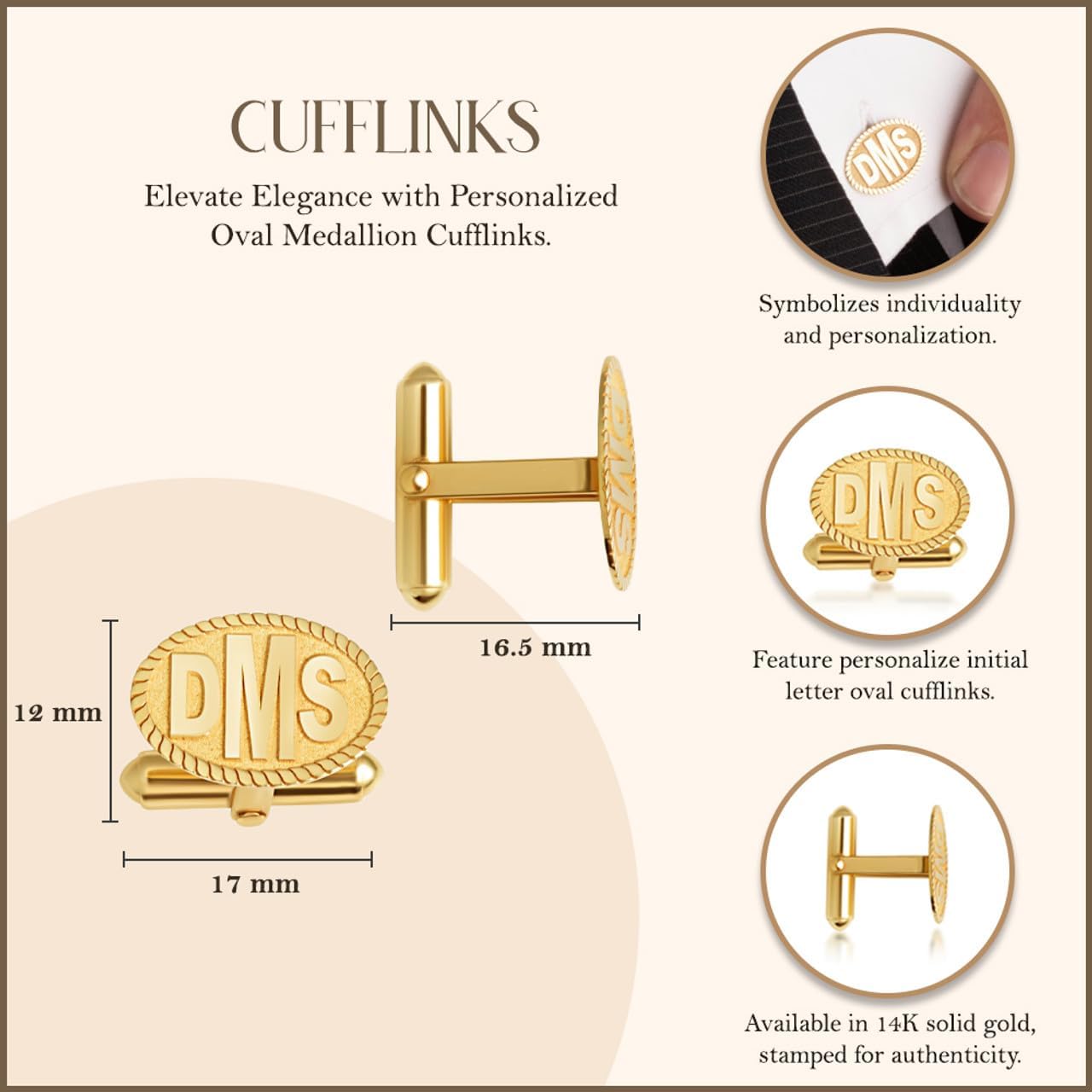 Certified 14k Yellow Gold Personalized Engraved Initial Monogram Cufflinks Custom 3 Letters