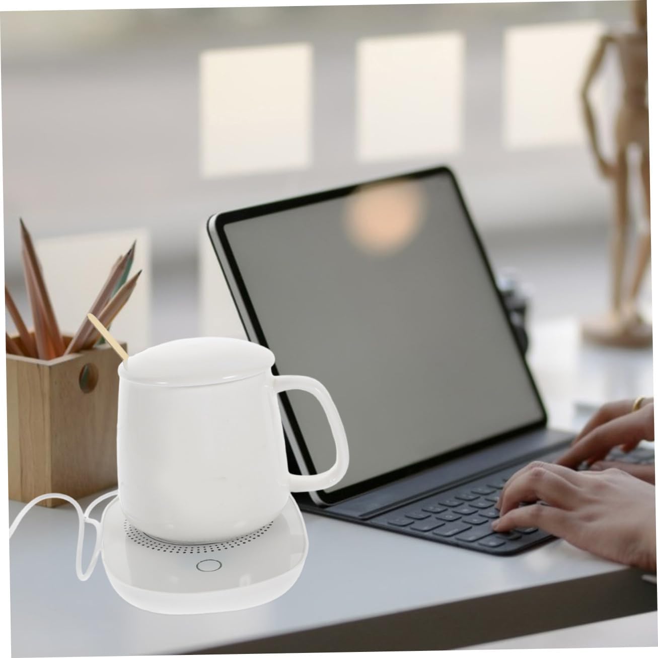 Ceramic Coffee Mug Warmer USB Heating Plate with Handle for Milk and Beverage Thermostatic Temperature Control Home Use White