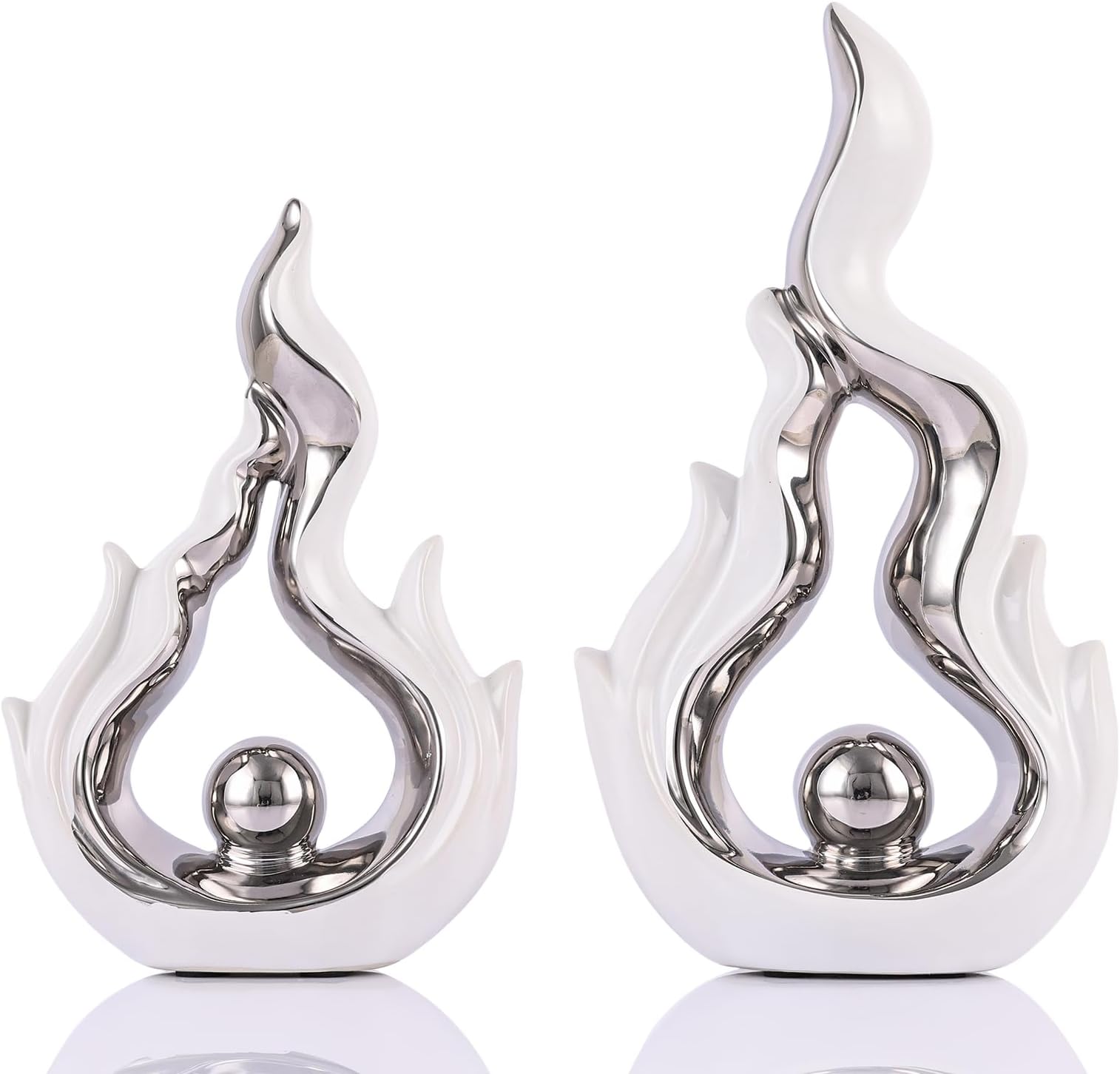 Ceramic Flame Decorative Statue Set of 2, White and Silver Home Decor, Abstract Art Sculpture for Office, Living Room, Coffee Table, TV Cabinet, Bookshelf Partition Decoration and Ornament.