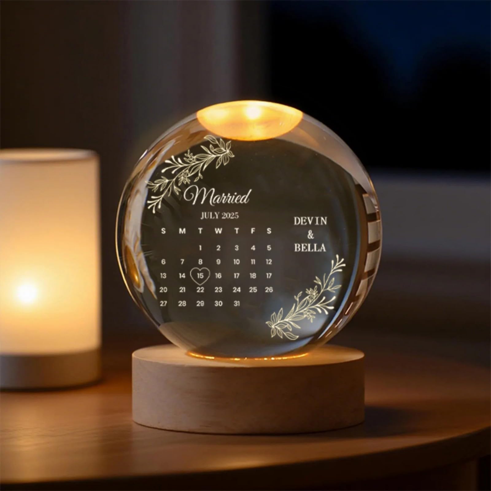 Drawelry Personalized Crystal Ball Night Light with Name,Custom Engraved Crystal Ball Night Light,Customized Gifts with Lighted Base,Anniversary, Christmas, Birthday Gifts (Calendar)